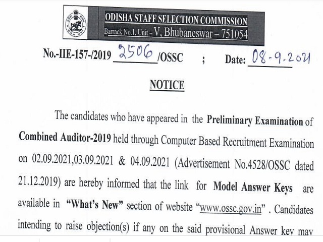 OSSC Prelims Answer Key 2021 Released for Combined Auditor Post @ossc.gov.in, Raise Objection Till Sep 11 